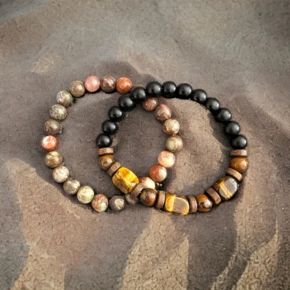 Other - 2 Piece Bracelet Stack - Tiger Eye & Picasso Jasper Natural Stones